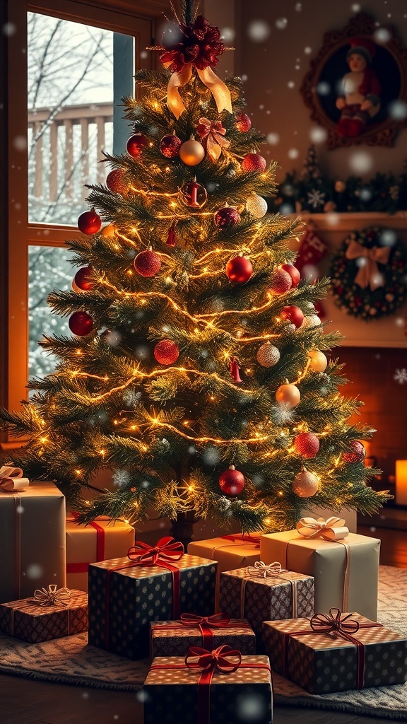 A decorated Christmas tree with lights and gifts, snowflakes falling outside a window, and a cozy fireplace.